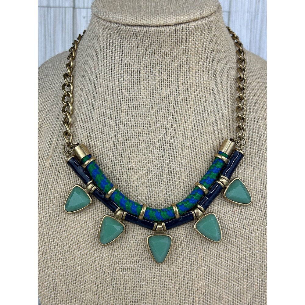 J. CREW Statement Necklace Turquoise Jadeite Green Rope Navy Gold Tone Chain VTG